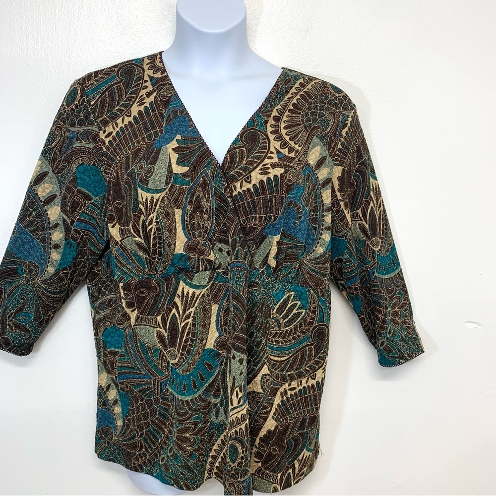 East 5th Babydoll Top Woman 2X Brown Abstract Stretch 3/4 Sleeve Casual Career